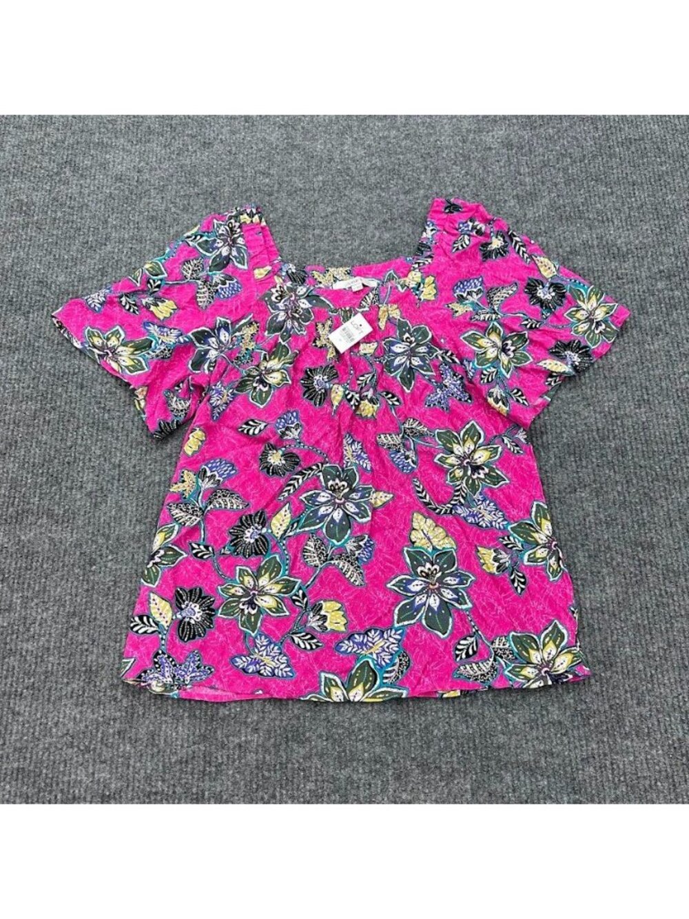 LOFT Square Neck Blouse Pink Hibiscus Floral Short Sleeve Top Womens Medium NEW